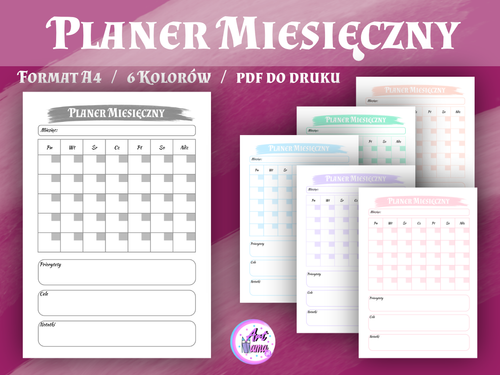 Pastelowy Planer Miesięczny - 6 kolorów - wersja 2 - PDF do druku