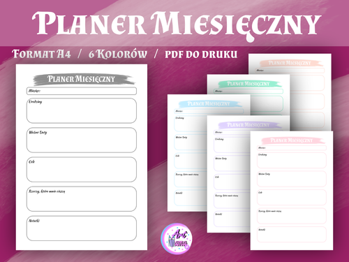 Pastelowy Planer Miesięczny - 6 kolorów - wersja 4 - PDF do druku