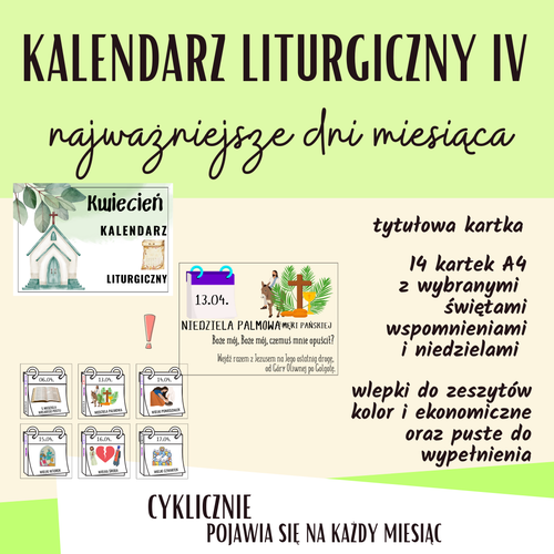 KALENDARZ LITURGICZNY KOLOROWY Z WLEPKAMI NA kwiecień