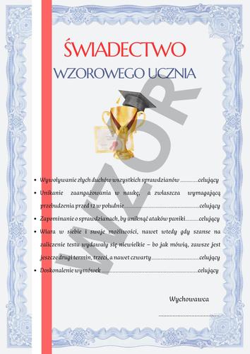 świadectwo wzorowego ucznia, absolwenta na wesoło