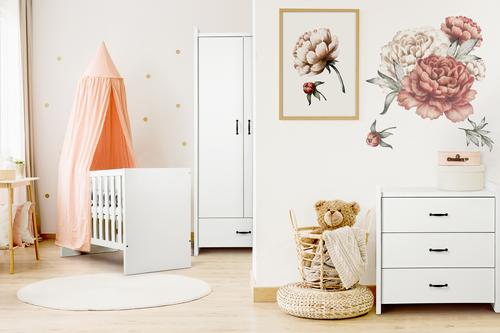 AMELIA Biel łóżeczko dziecięce 120×60 z barierką ochronną + komoda i szafą | Top-Maluszek Oświęcim