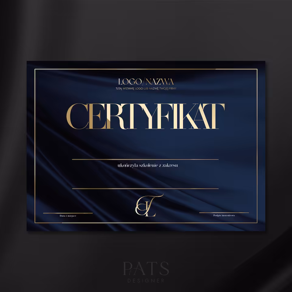 Certyfikat poziomy drukowany font - granat