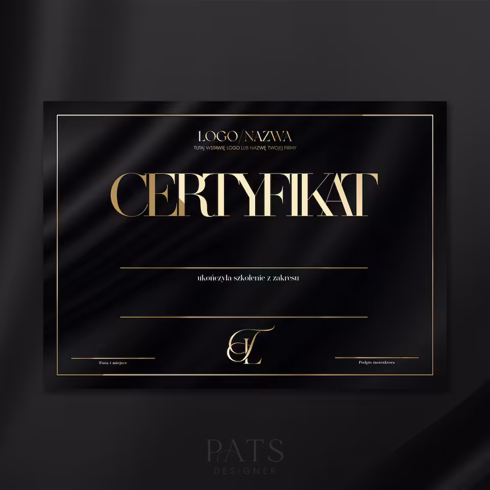 Certyfikat poziomy drukowany font - czarna satyna