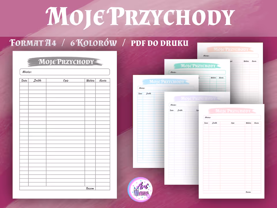 Moje Przychody - Pastelowy Planer 6 kolorów  - PDF do druku