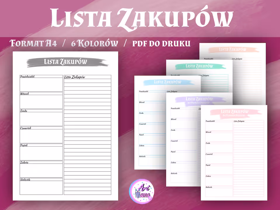 Lista Zakupów wersja 2 - Pastelowy Planer 6 kolorów - PDF do druku