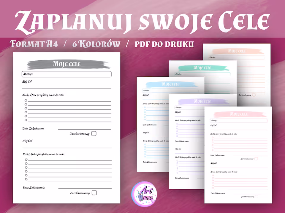 Moje Cele - Pastelowy Planer - 6 kolorów - PDF do druku