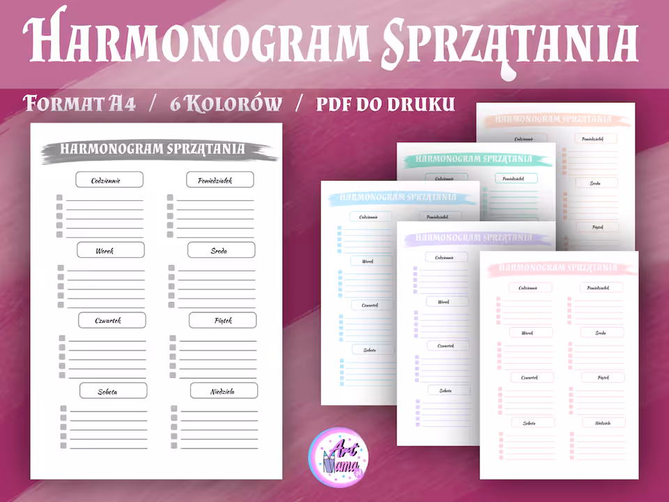 Harmonogram Sprzątania - Pastelowy Planer 6 kolorów  - PDF do druku
