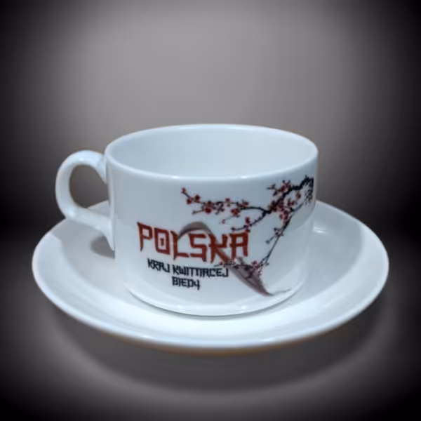 Filiżanka Sarnodzieło Polska kraj kwitnącej biedy + talerzyk
