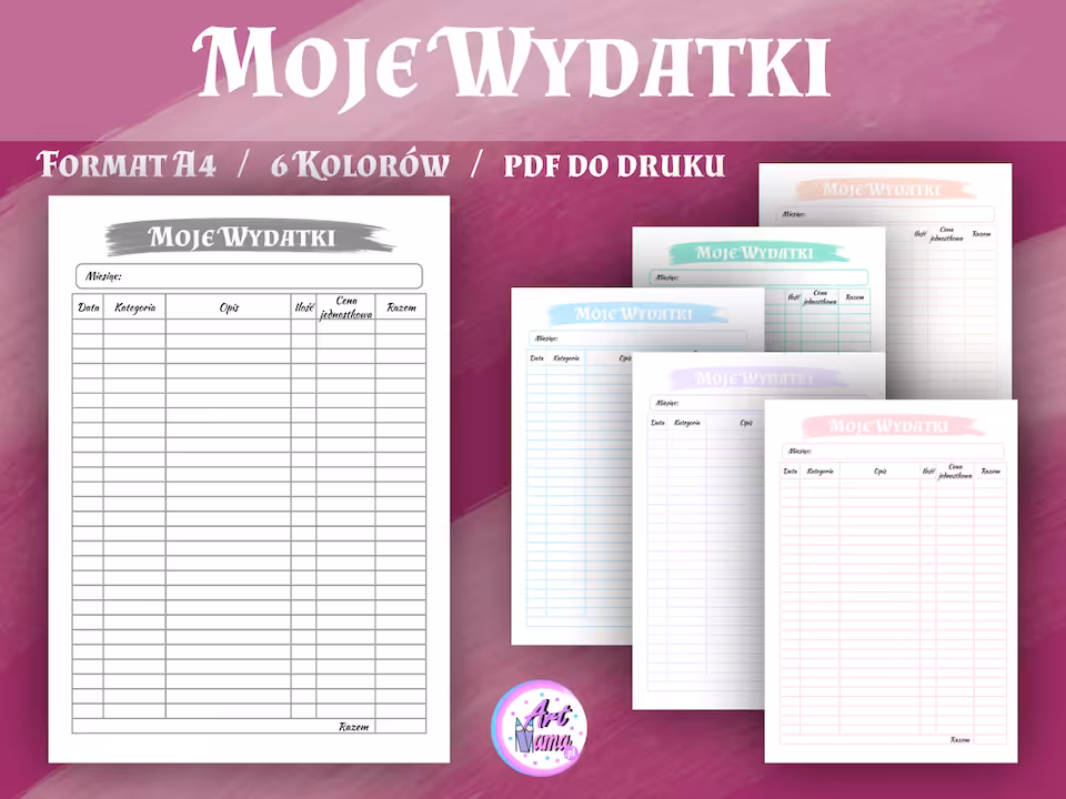 Moje Wydatki- Pastelowy Planer 6 kolorów  - PDF do druku