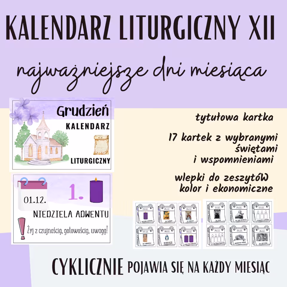KALENDARZ LITURGICZNY KOLOROWY Z WLEPKAMI NA GRUDZIEŃ