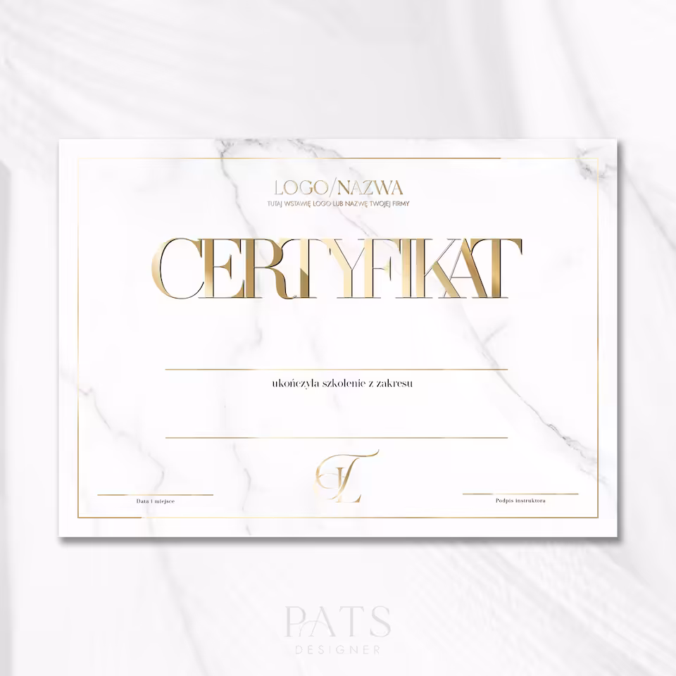 Certyfikat poziomy drukowany font - biały marmur
