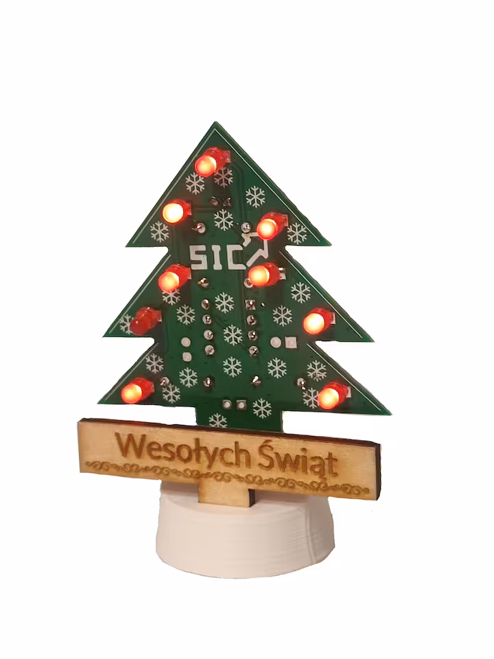 Świąteczny Zestaw Edukacyjny: Płytka PCB + Lutownica + Komplet Elementów + Podstawka 3D + Bateria 9V + GRATIS Mikołaj