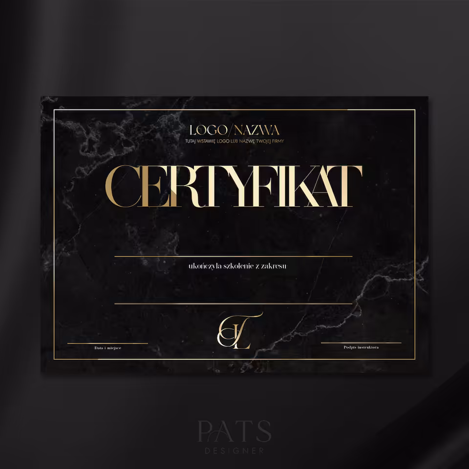 Certyfikat poziomy drukowany font - czarny marmur