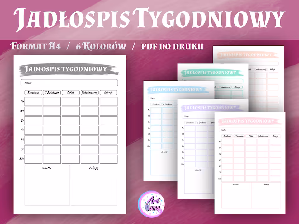 Jadłospis Tygodniowy- Pastelowy Planer 6 kolorów  - PDF do druku