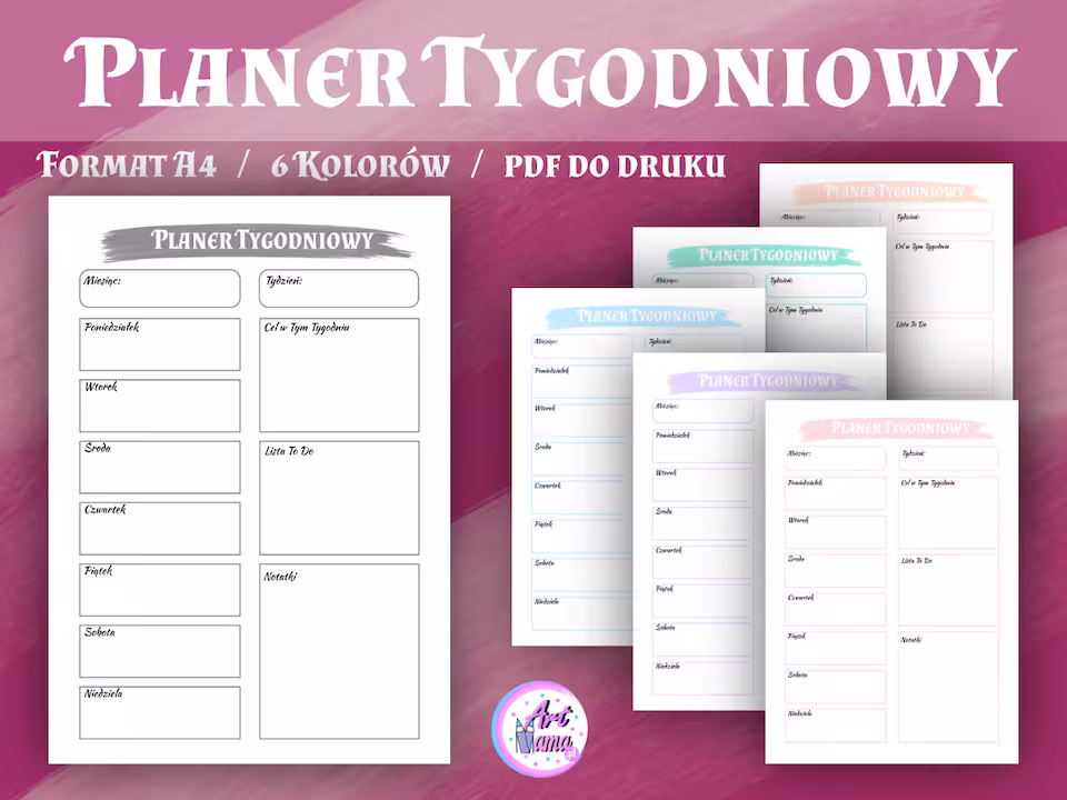 Pastelowy Planer Tygodniowy - 6 kolorów - wersja 2 - PDF do druku