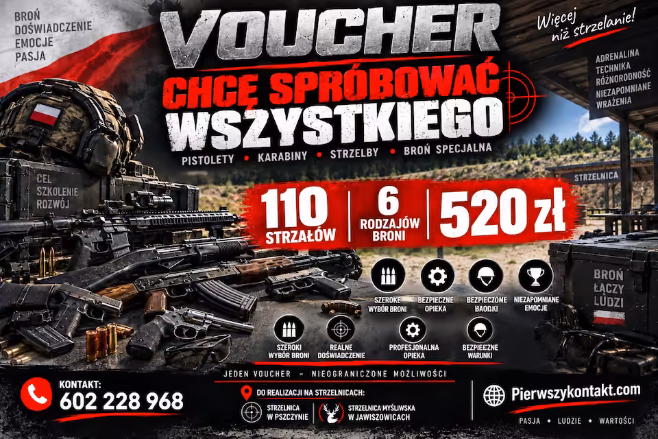 Voucher 520zł. "chcę spróbować wszystkiego" 110 strzałów Strzelnica Brzeszcze/Pszczyna | pierwszykontakt.com