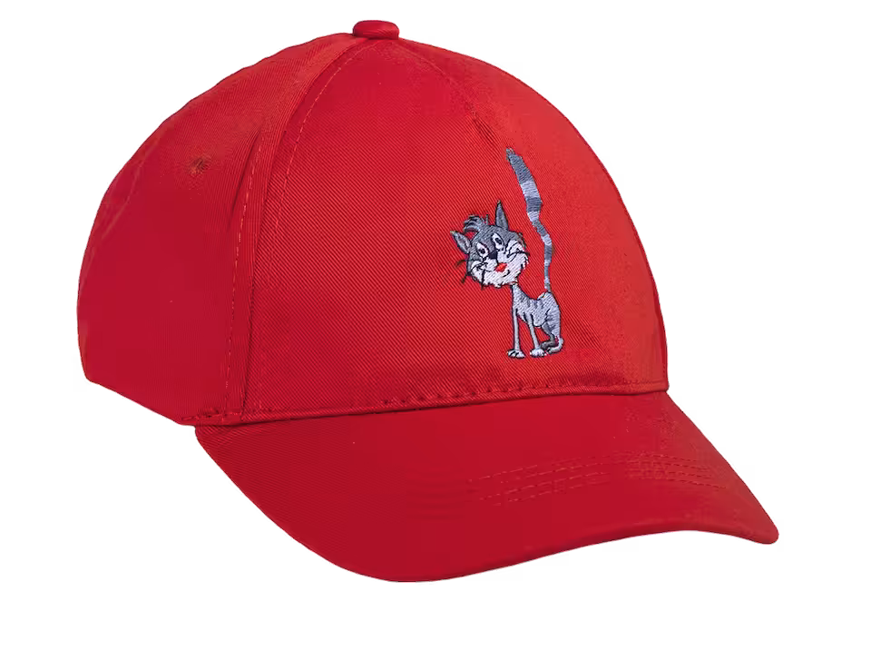 Czapka z daszkiem z kotem Cukierkiem CZERWONA