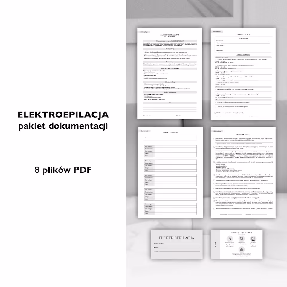 ELEKTROEPILACJA dokumenty zabiegowe PAKIET, salon urody, salon beauty, gabinet kosmetyczny