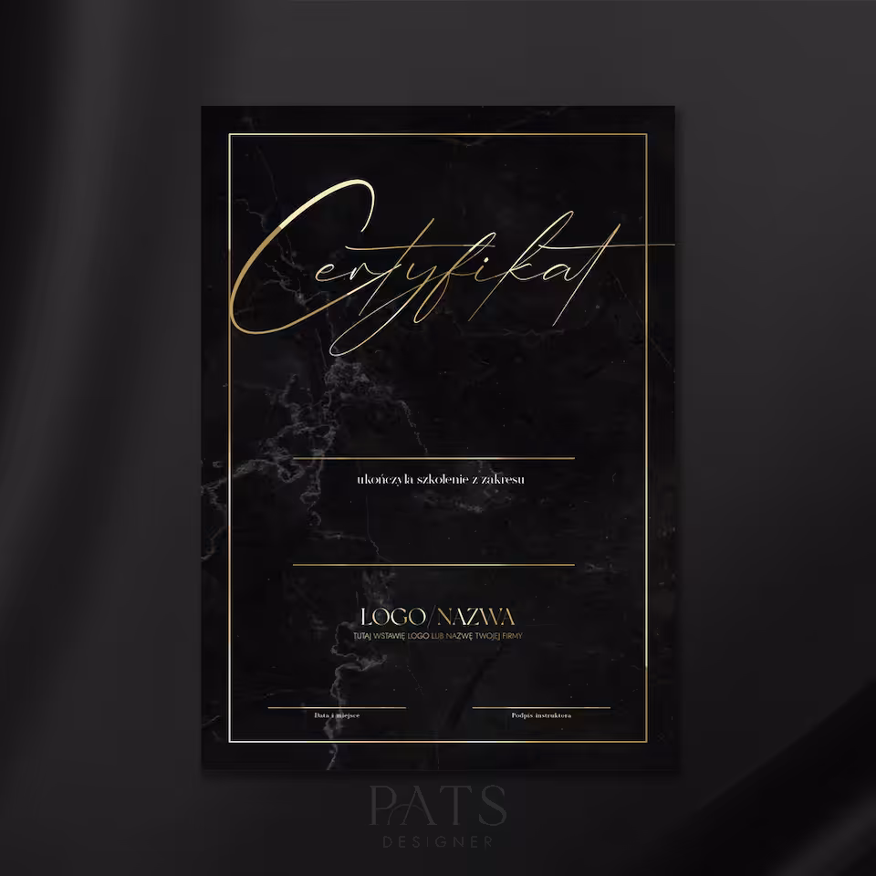Certyfikat pionowy odręczny font - czarny marmur