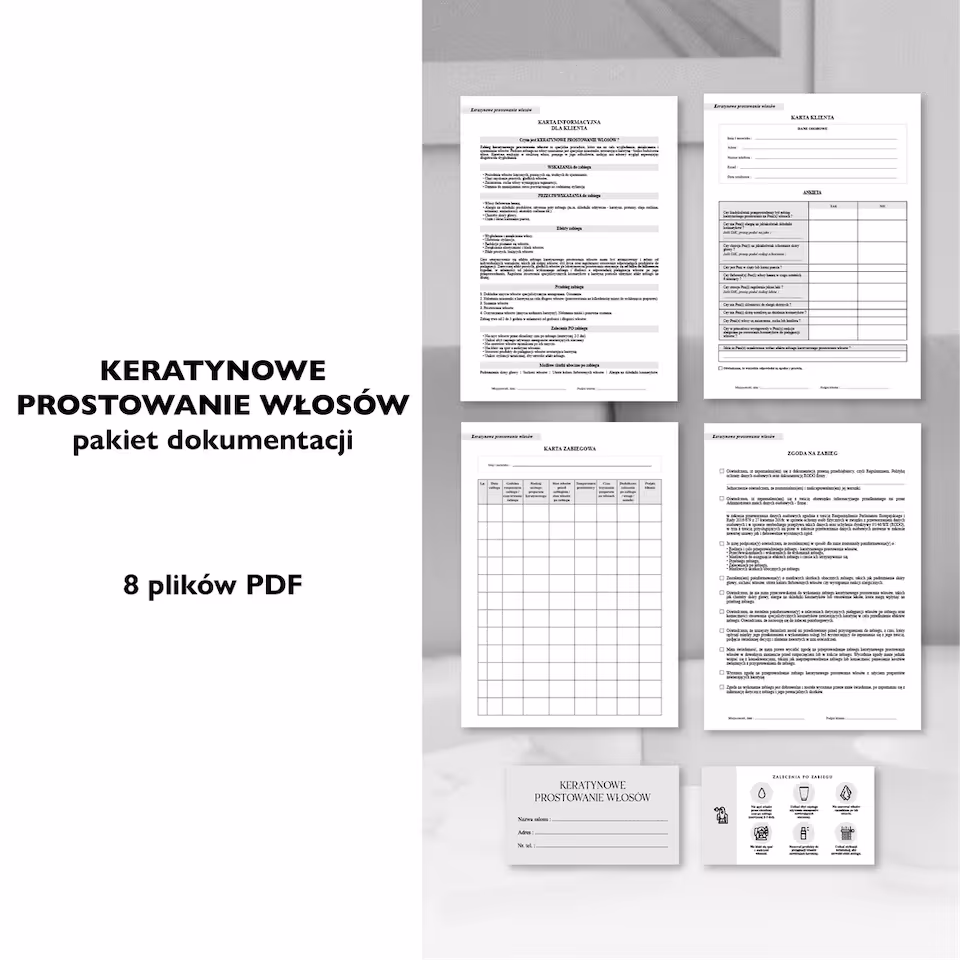 KERATYNOWE PROSTOWANIE WŁOSÓW dokumenty zabiegowe PAKIET