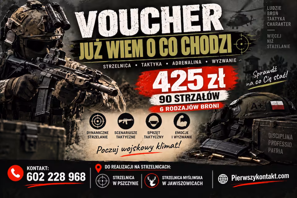 Voucher 425zł. "Już Wiem o Co Chodzi" 90 strzałów Strzelnica Brzeszcze/Pszczyna | pierwszykontakt.com