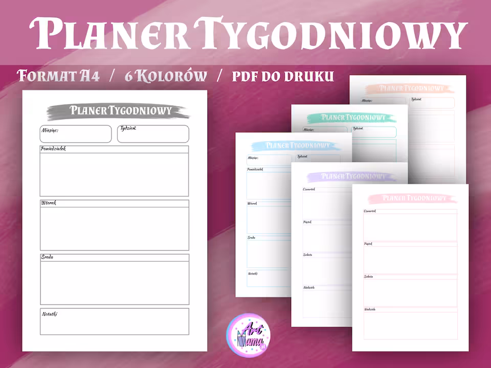 Pastelowy Planer Tygodniowy - 6 kolorów - wersja 3 - PDF do druku