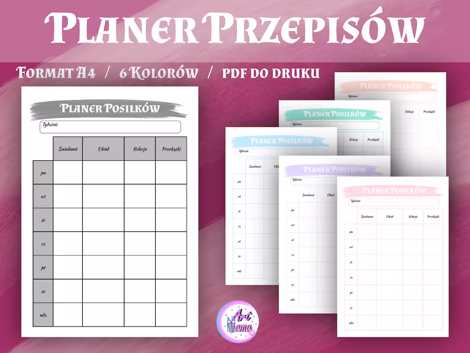 Pastelowy Planer Posiłków- 6 kolorów  - PDF do druku