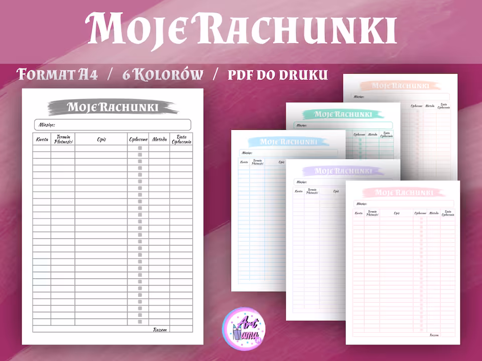 Moje Rachunki- Pastelowy Planer 6 kolorów  - PDF do druku