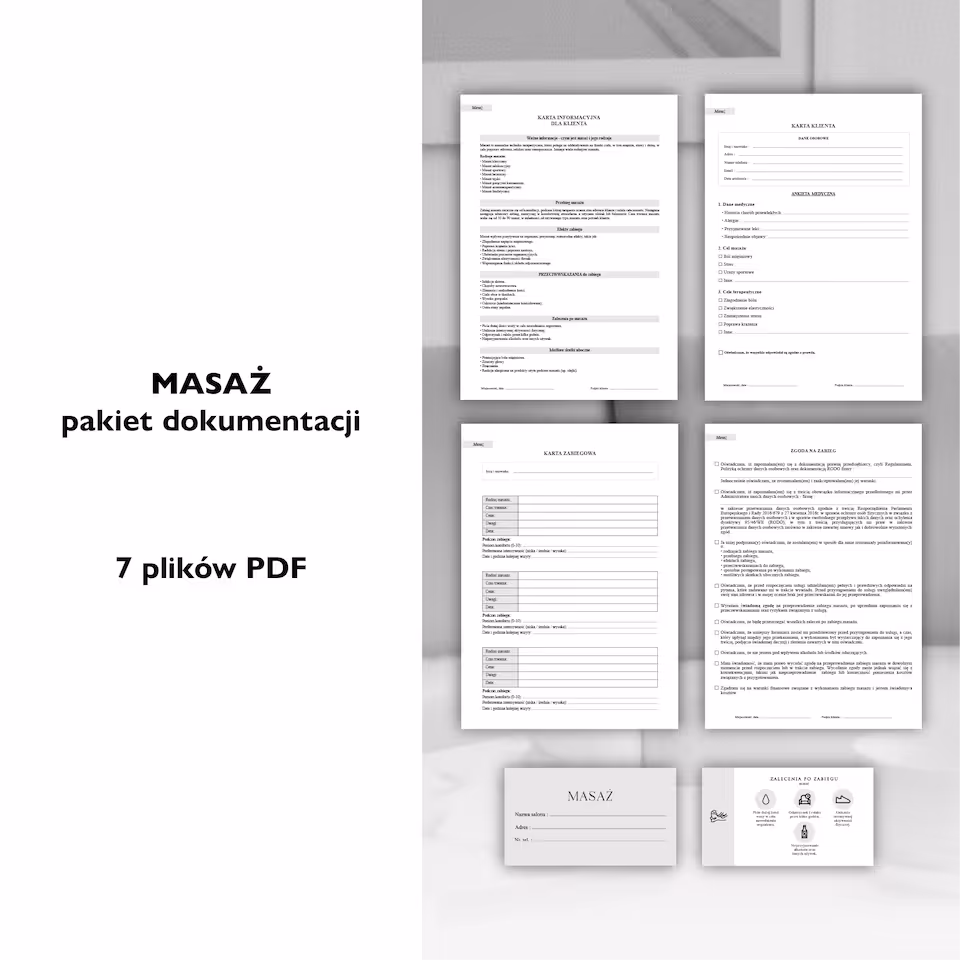 MASAŻ dokumenty zabiegowe PAKIET, salon urody, salon beauty, gabinet kosmetyczny