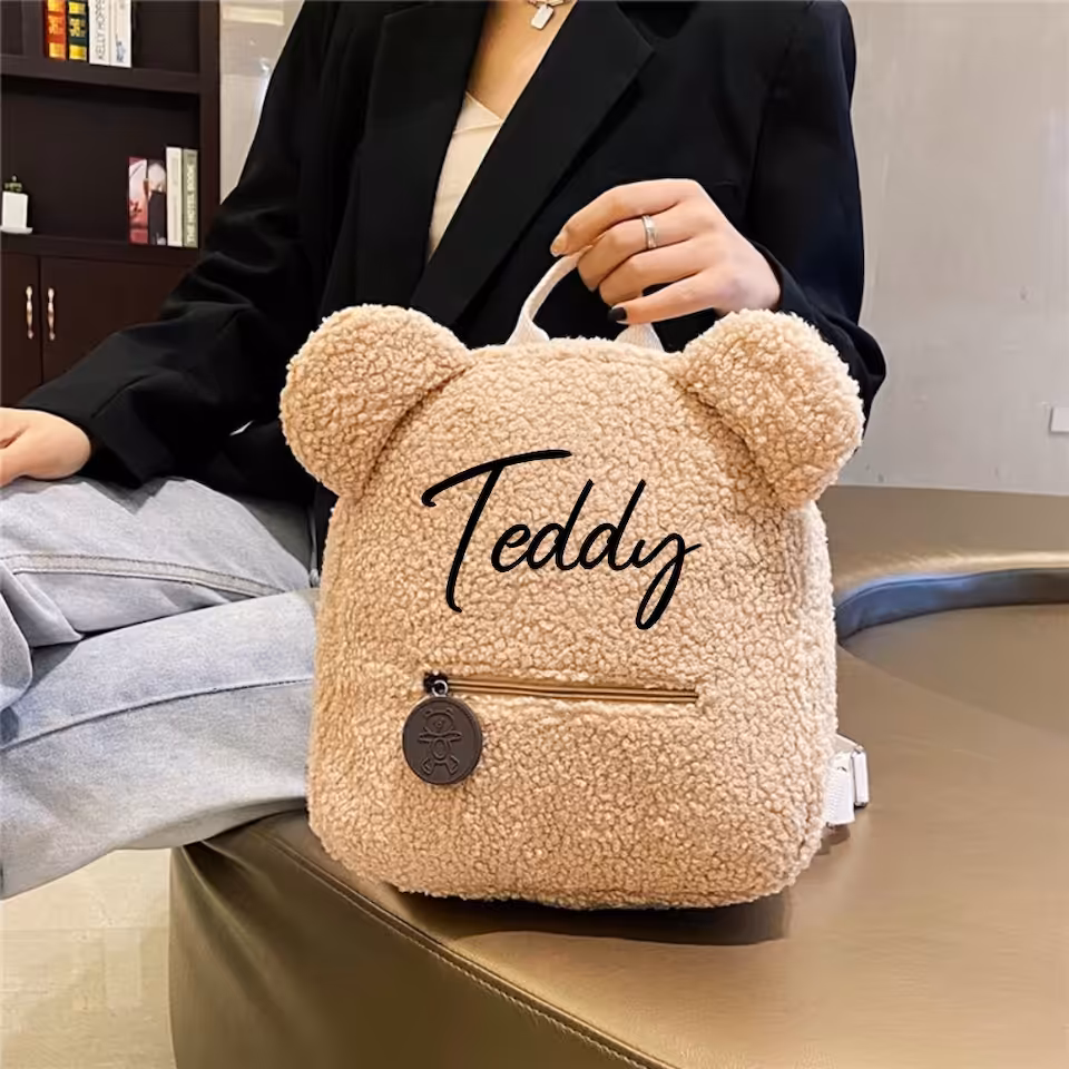 PERSONALIZOWANY PLUSZOWY PLECAK MIŚ Z USZAMI DLA DZIECKA HAFT IMIĘ BEŻOWY