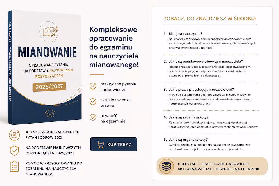 Mianowanie na nauczyciela 2026/2027 – 100 pytań i odpowiedzi PDF | Opracowanie do egzaminu