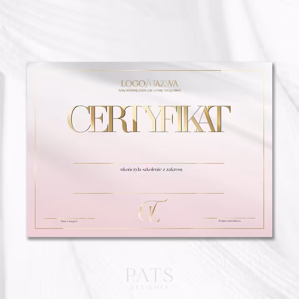 Certyfikat poziomy drukowany font - pudrowy róż