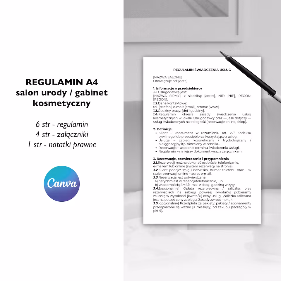 Regulamin Salonów Urody i Gabinetów Kosmetycznych (produkt cyfrowy)