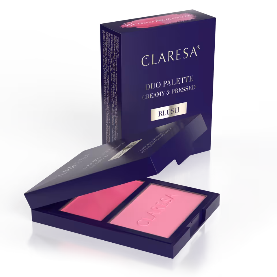 CLARESA DUO PALETTE CREAMY & PRESSED - BLUSH, 01 AWESOME BLOSSOM, Kremowo-pudrowa paleta do konturowania - róż, 8,5g