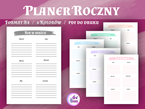 Pastelowy Planer Roczny - Rok w skrócie - 6 kolorów - wersja 1 - PDF do druku