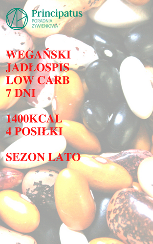 Wegański low carb jadłospis 7 dni, 1400kcal, 4 posiłki, miary domowe, lista zakupów, sezon lato