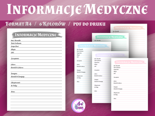 Informacje Medyczne- Pastelowy Planer 6 kolorów  - PDF do druku