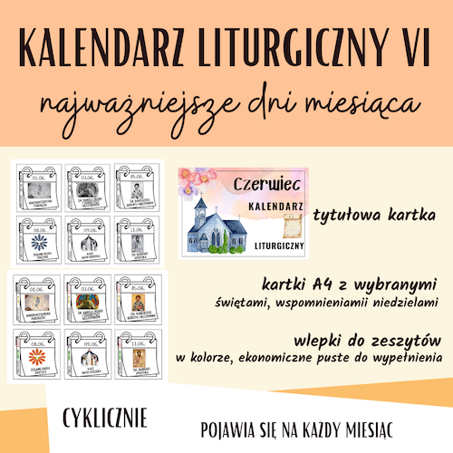 KALENDARZ LITURGICZNY KOLOROWY Z WLEPKAMI NA CZERWIEC