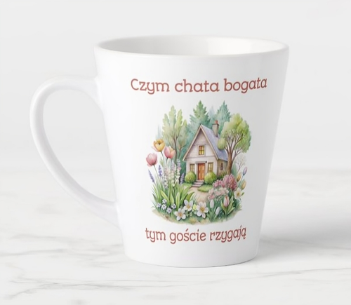 Kubek latte Garage Print 350 ml Czym chata bogata tym goście rzygają